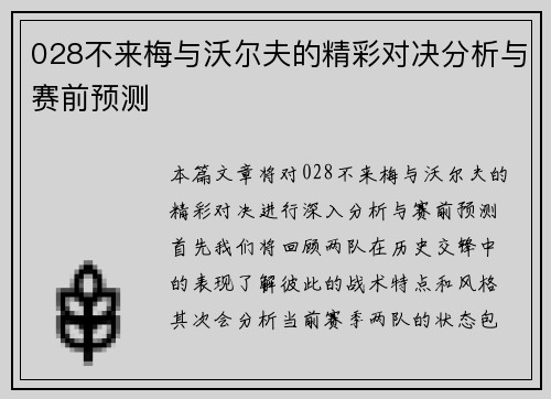 028不来梅与沃尔夫的精彩对决分析与赛前预测