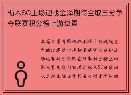 枥木SC主场迎战金泽期待全取三分争夺联赛积分榜上游位置