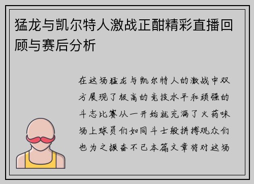猛龙与凯尔特人激战正酣精彩直播回顾与赛后分析