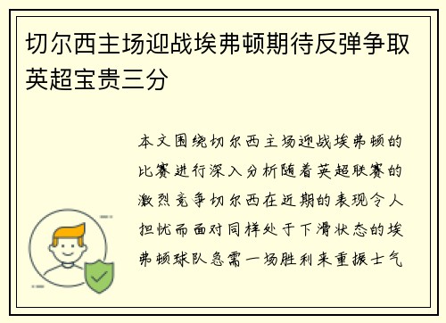 切尔西主场迎战埃弗顿期待反弹争取英超宝贵三分