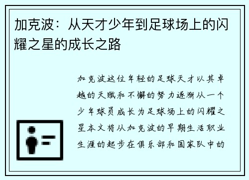 加克波：从天才少年到足球场上的闪耀之星的成长之路