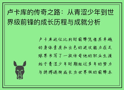 卢卡库的传奇之路：从青涩少年到世界级前锋的成长历程与成就分析