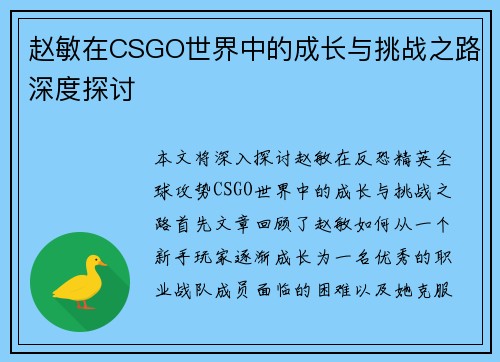赵敏在CSGO世界中的成长与挑战之路深度探讨