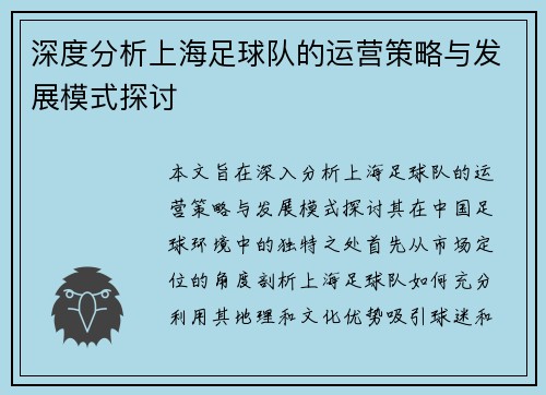 深度分析上海足球队的运营策略与发展模式探讨