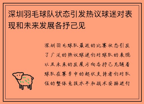 深圳羽毛球队状态引发热议球迷对表现和未来发展各抒己见