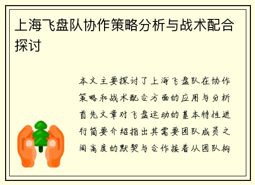 上海飞盘队协作策略分析与战术配合探讨