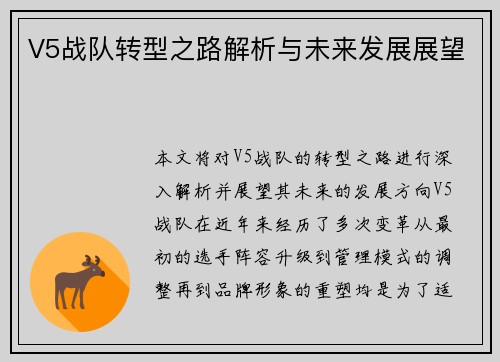 V5战队转型之路解析与未来发展展望